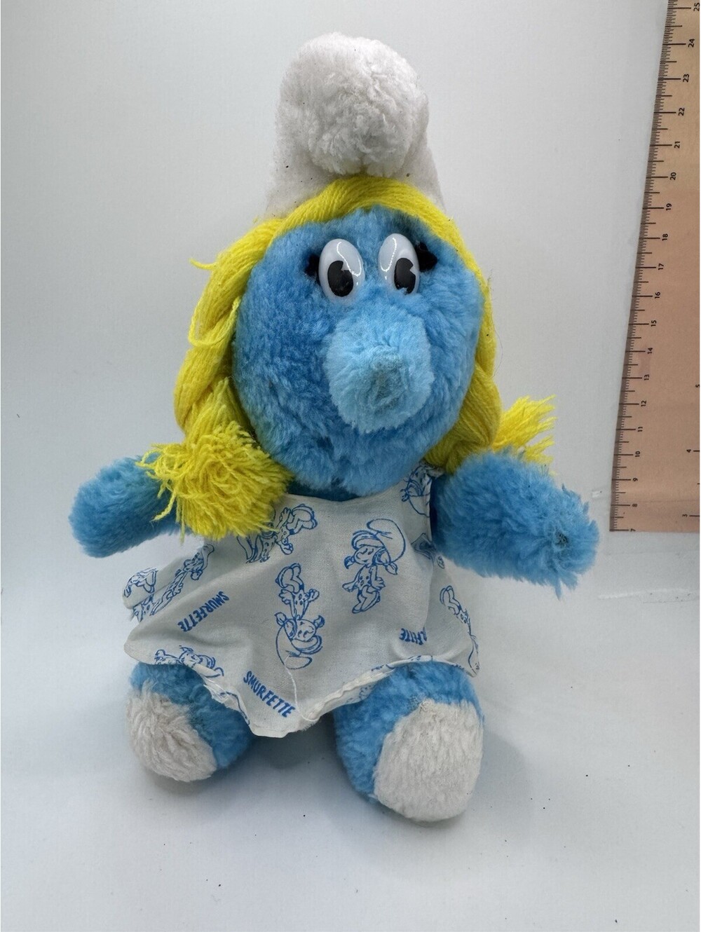 Vintage 1981 Plush Smurfette Toy 8" Sitting Down Wallace & Berne Wearing a Dress